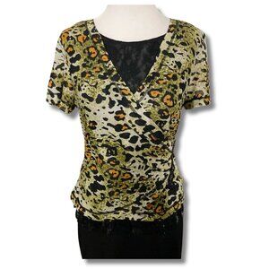 BALASH Vintage green orangey-brown black leopard print mesh top ~ SMALL MEDIUM